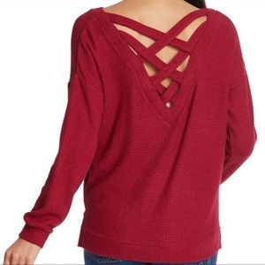 1. STATE Waffle Knit Cross Back Long Sleeve Tunic Top Raspberry Red